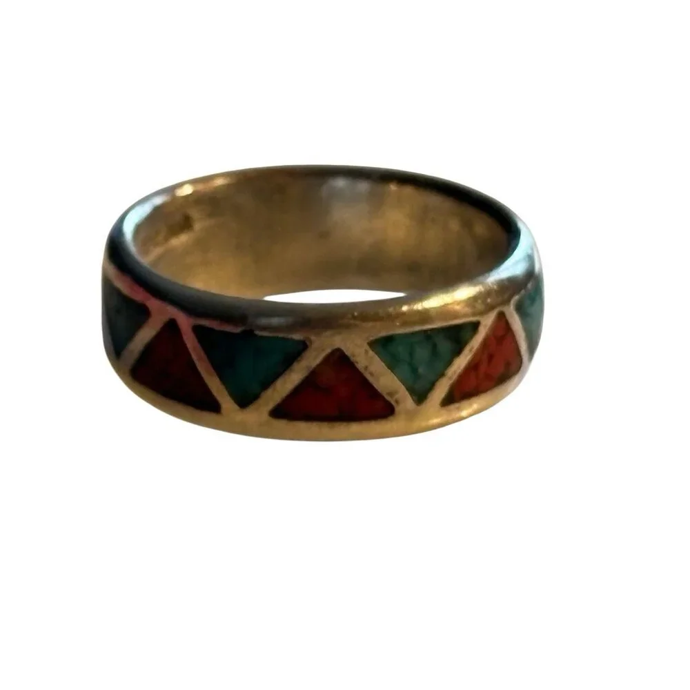 Navajo Chip Inlay Ring 925 Silver Turquoise‎ & Coral Ted Ott Size 7.5 Vintage